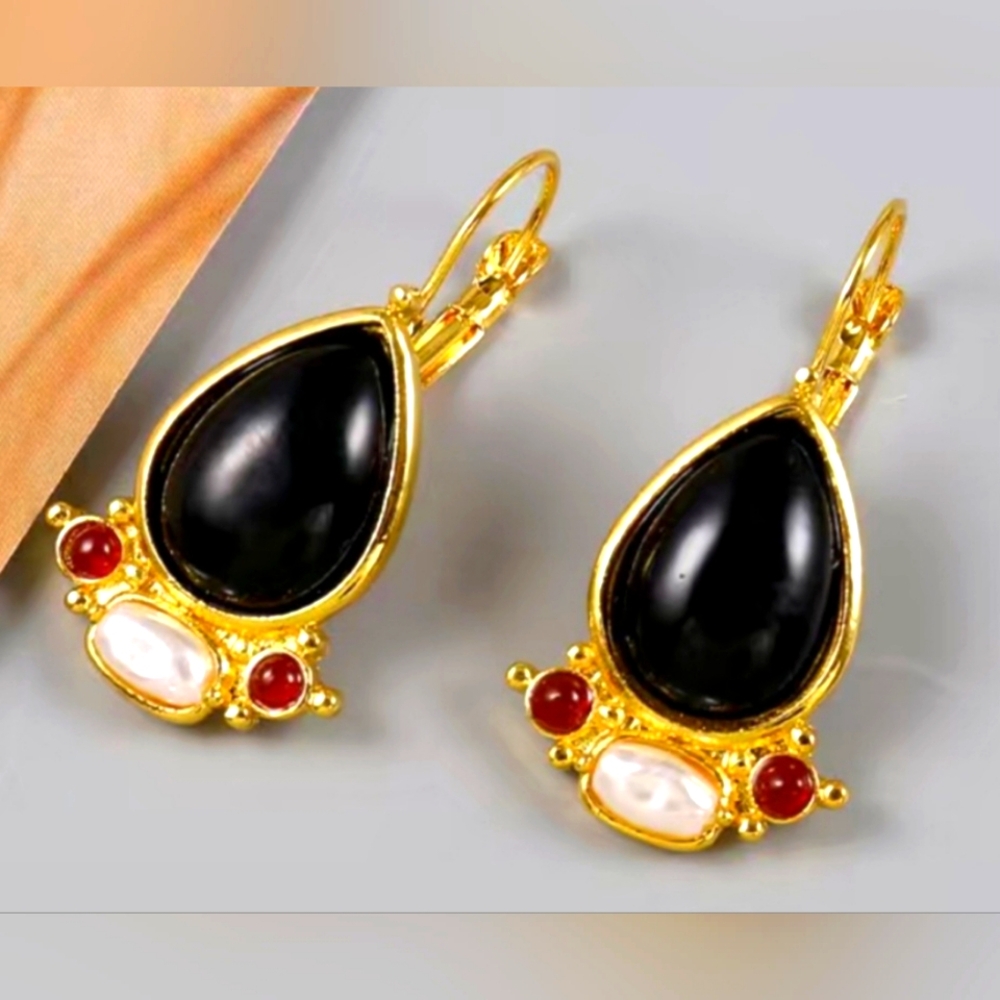 Elegant Black and Gold Costume Drop Earrings